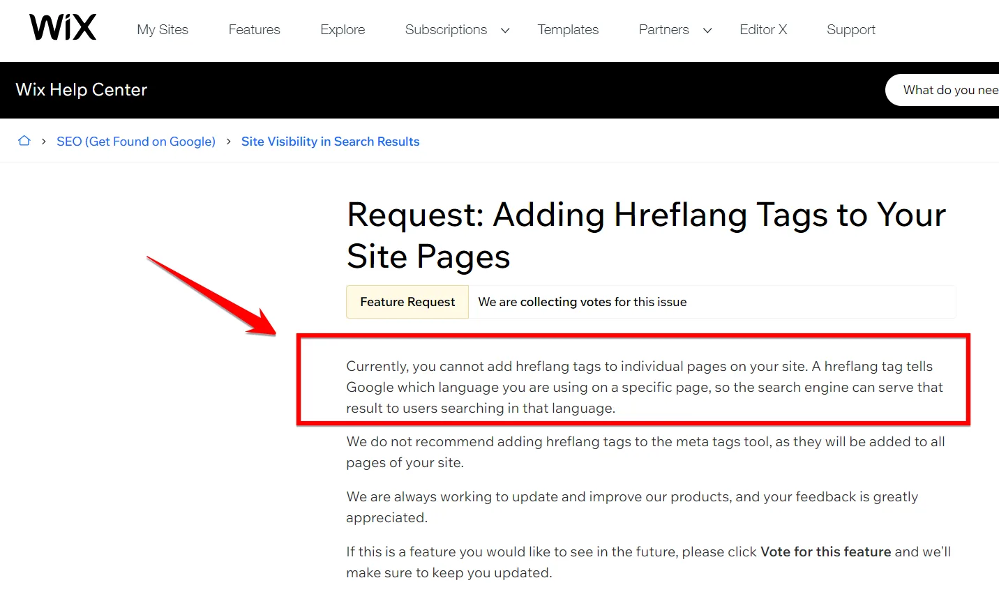 Wix Help Center feature request page stating you cannot add hreflang tags to individual pages, with the limitation outlined in red
