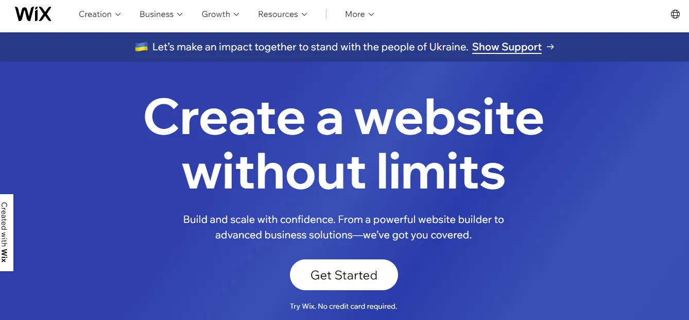 Wix homepage headed Create a website without limits with a Get Started button