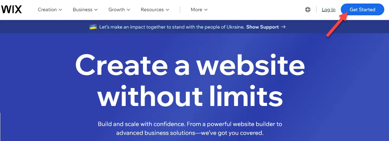 Wix homepage with a red arrow pointing to the blue Get Started button in the top right