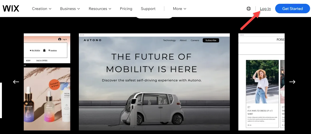 Wix homepage showing a carousel of example sites with a red arrow pointing to the Log In link