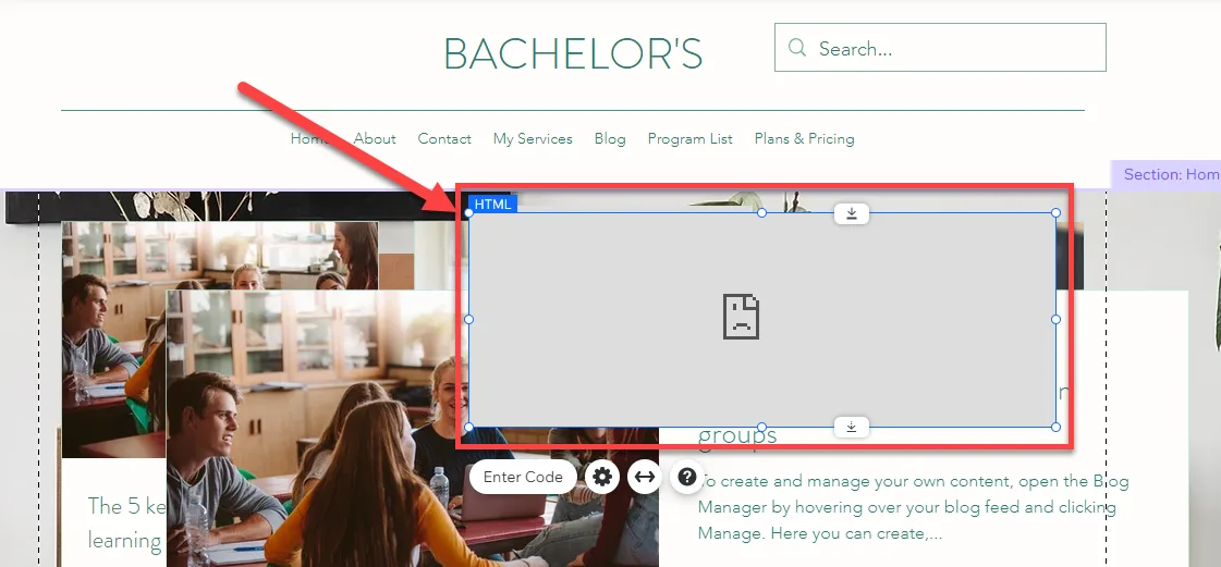 Empty HTML embed container placed on a Wix page, outlined in red with an Enter Code button beneath it