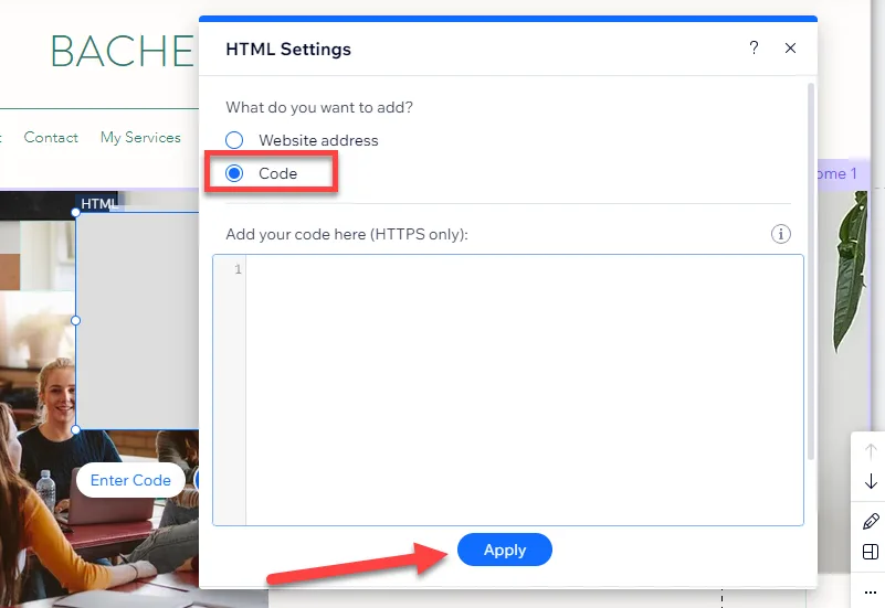 Wix HTML Settings dialog with the Code option selected, an empty code field and a red arrow pointing to the Apply button