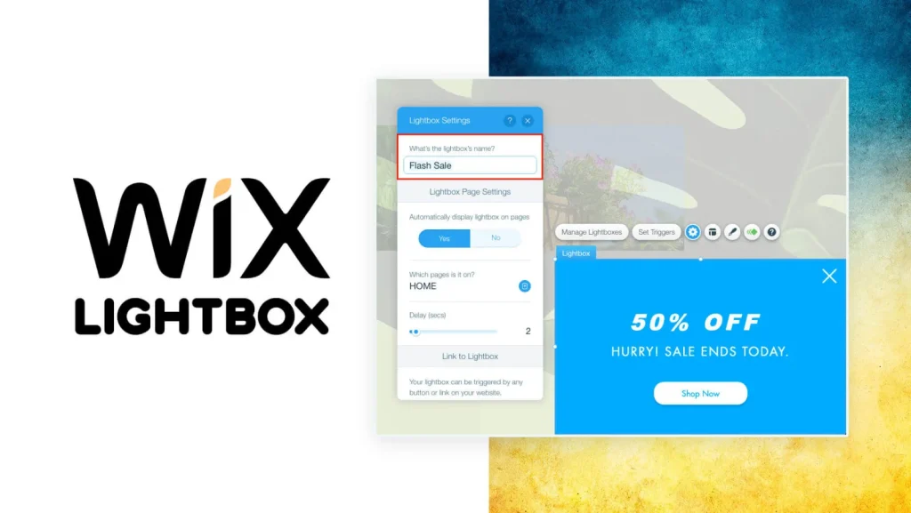 Wix Lightbox title card beside the Lightbox Settings panel and a blue 50 percent off flash sale popup