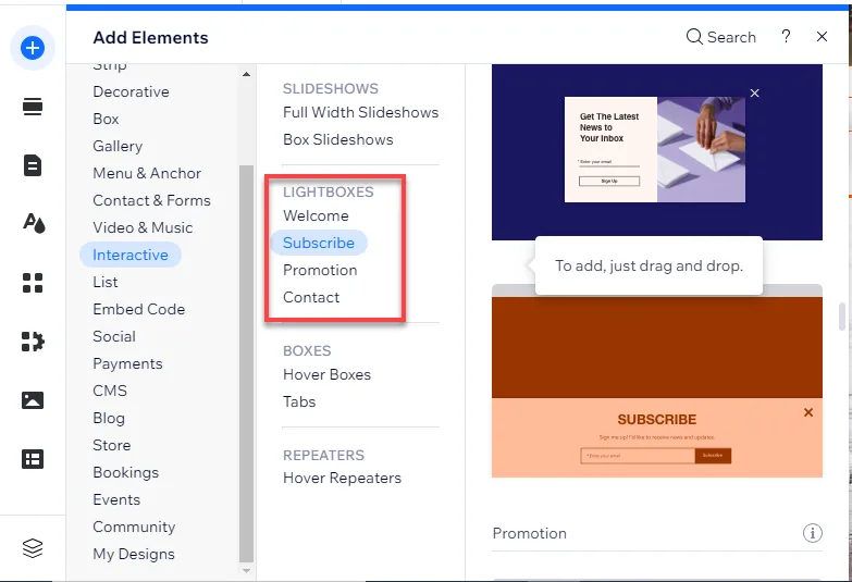Wix lightbox templates listed as Welcome, Subscribe, Promotion and Contact, with Subscribe selected and previews shown on the right