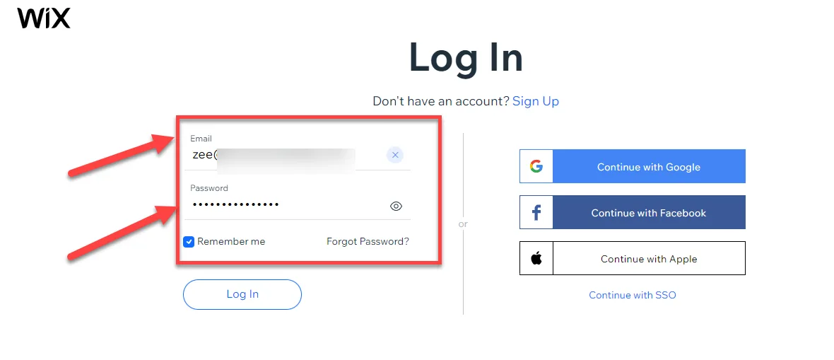 Wix login page with arrows pointing to the email and password fields, alongside Google, Facebook and Apple sign in options