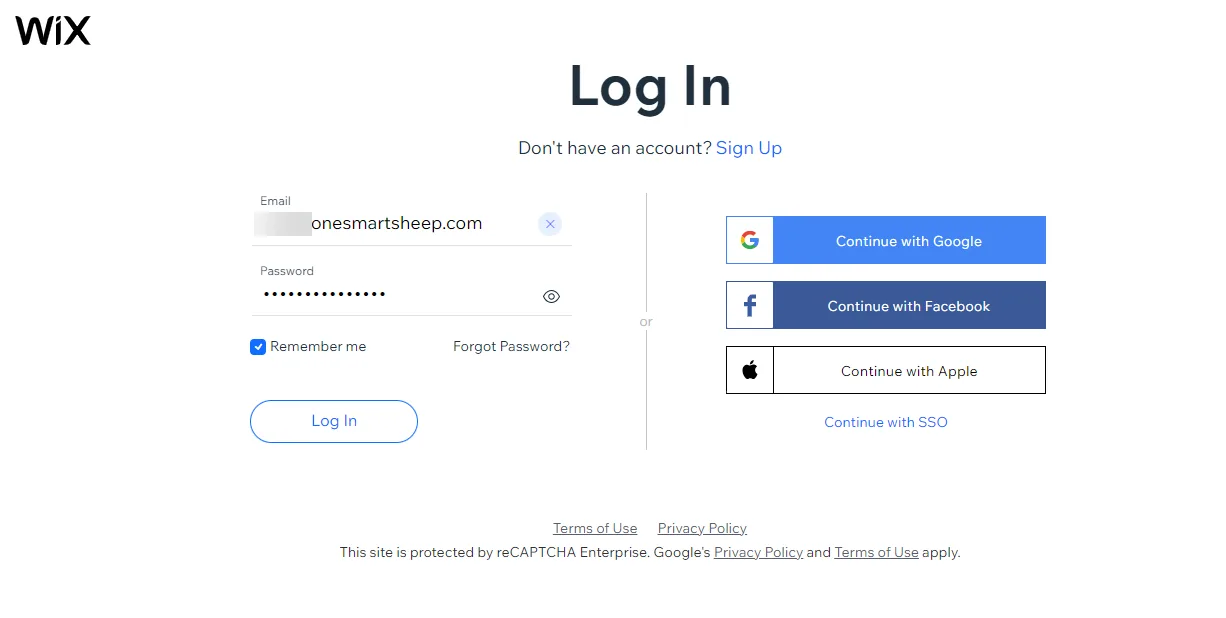 Wix login page with an email and masked password entered, beside Google, Facebook and Apple sign in options