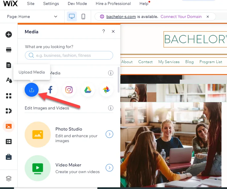 Wix Media panel with a red arrow pointing to the blue Upload Media button, beside Photo Studio and Video Maker options