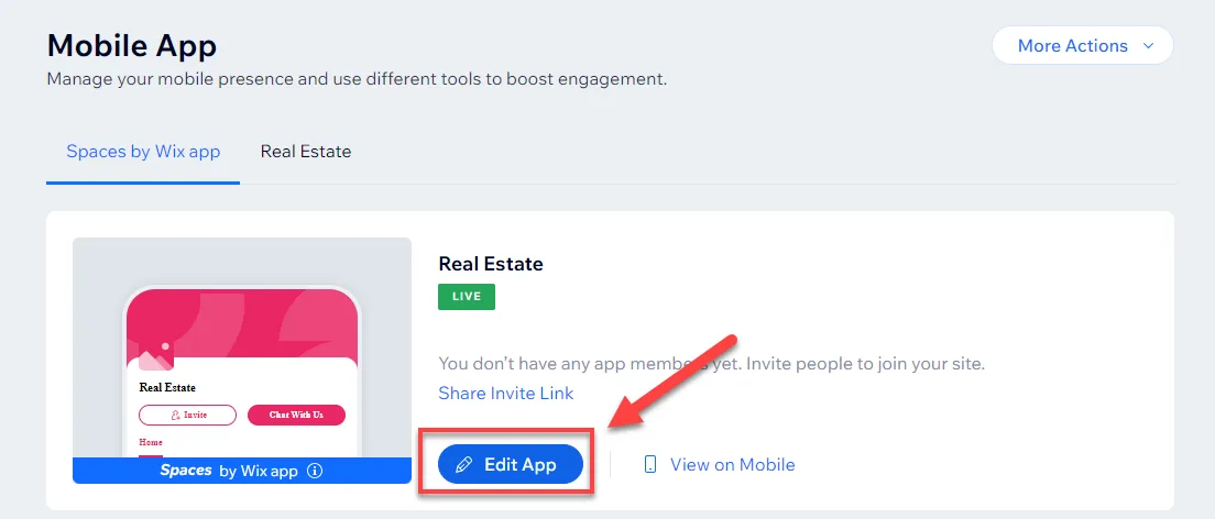 Wix Mobile App page showing the Real Estate app marked live, with a red arrow pointing to the Edit App button