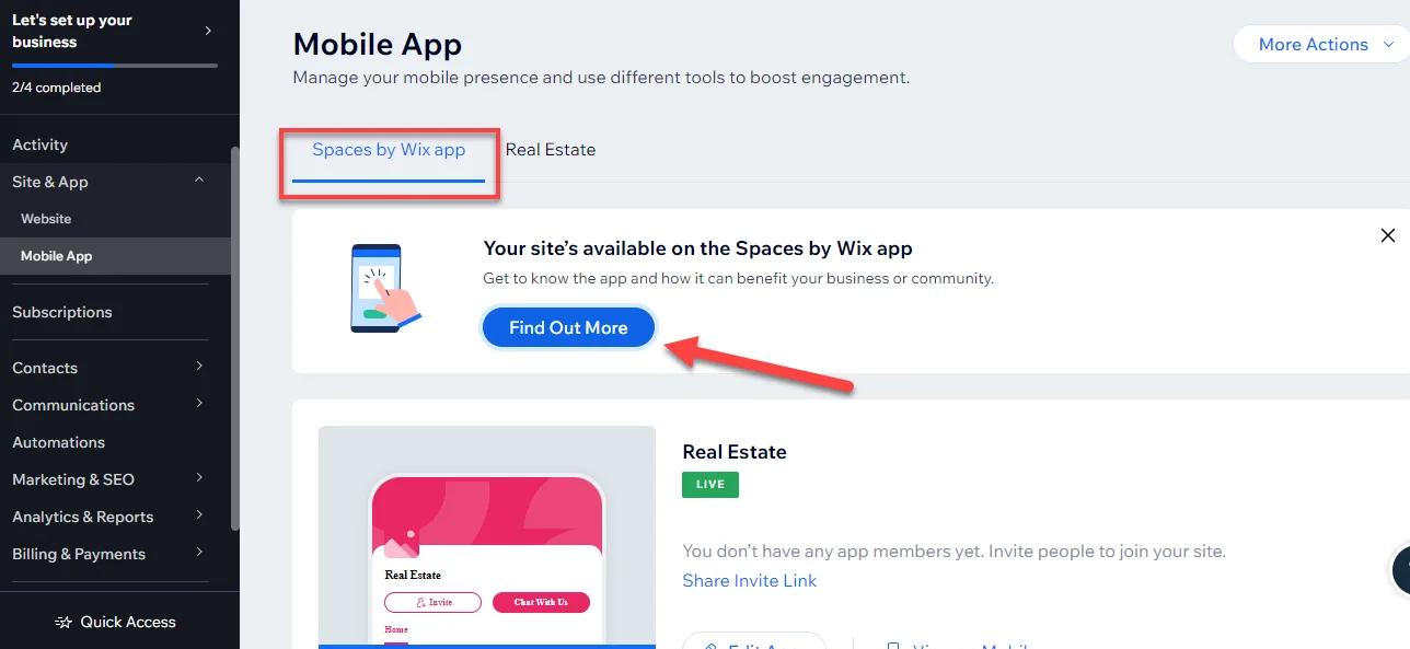 Wix dashboard Mobile App page with the Spaces by Wix app tab outlined and an arrow pointing to the Find Out More button