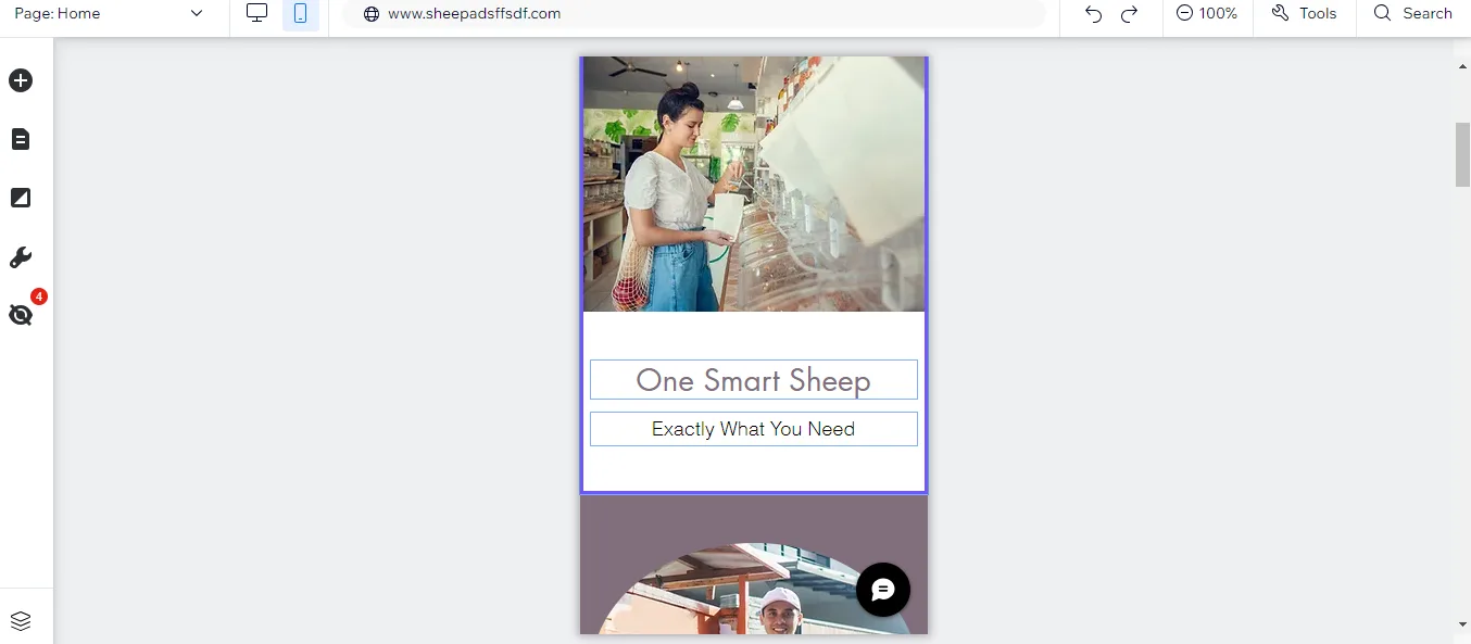 Wix editor switched to the mobile view, showing a stacked phone layout of the One Smart Sheep homepage