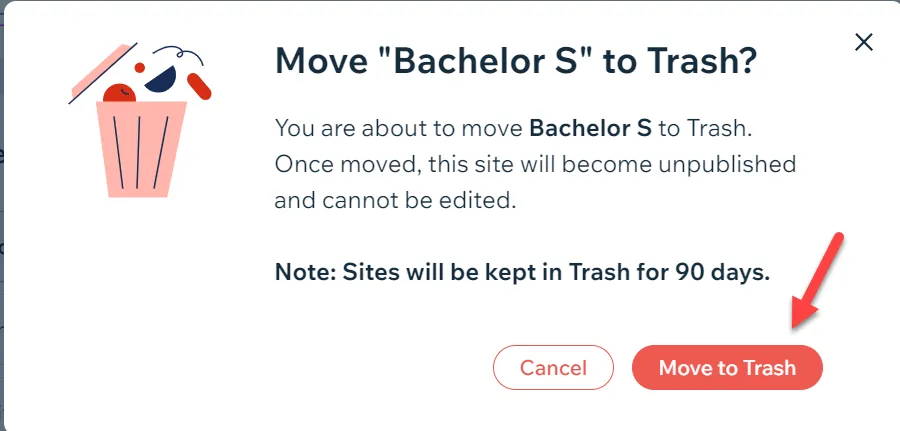 Wix confirmation dialog warning the site will be unpublished and kept in trash for 90 days, with an arrow pointing to Move to Trash