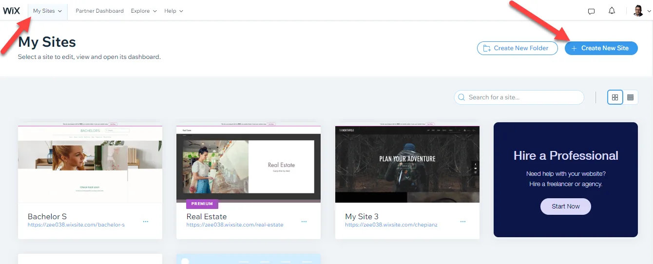 Wix My Sites page with arrows pointing to the My Sites menu and the Create New Site button, showing three existing sites