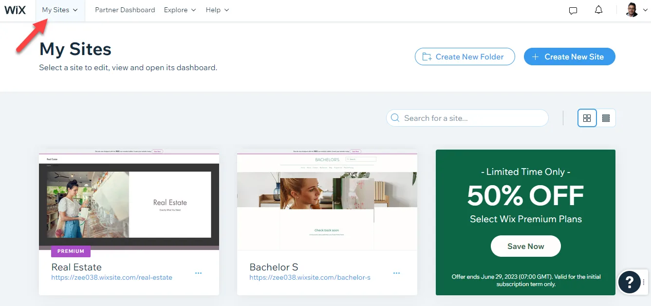 Wix My Sites page with an arrow pointing to the My Sites menu, listing two existing sites and a promotional offer