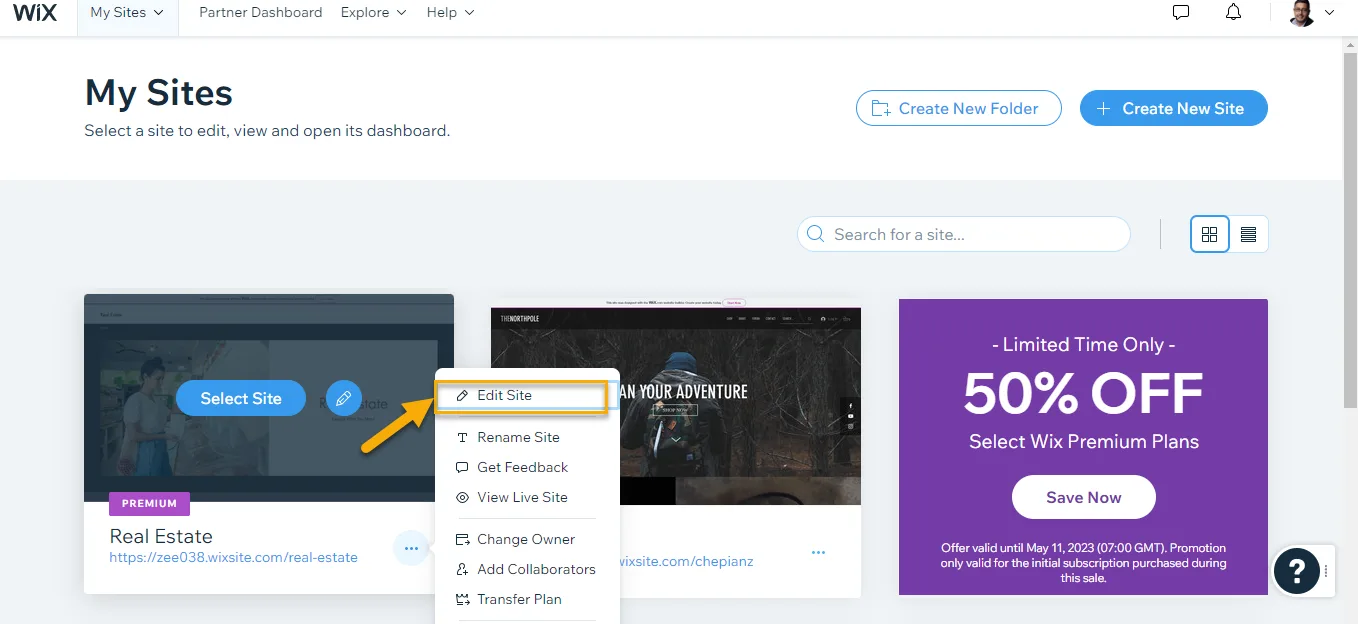 Wix My Sites with a site actions menu open and an arrow pointing to Edit Site, above Rename Site and Change Owner