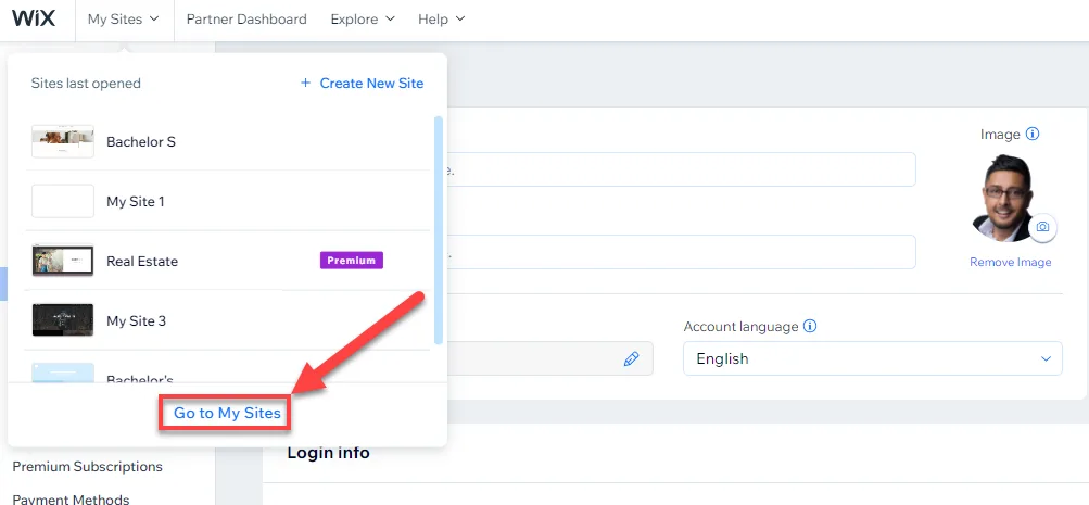 Wix My Sites dropdown listing recent sites with a red arrow pointing to the Go to My Sites link