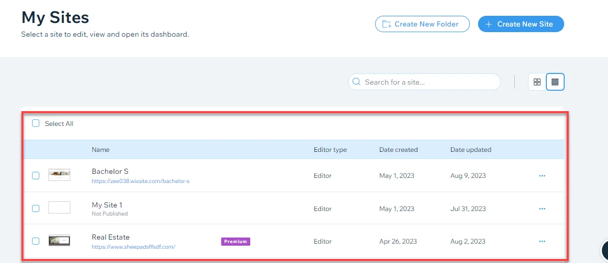 Wix My Sites list view outlined in red, showing site names, editor type and creation dates