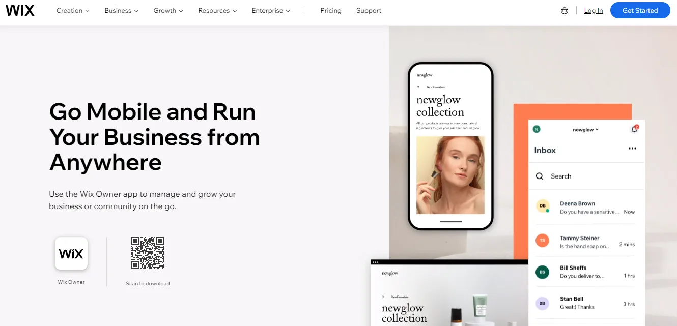 Wix page headed Go Mobile and Run Your Business from Anywhere, promoting the Wix Owner app with a download QR code