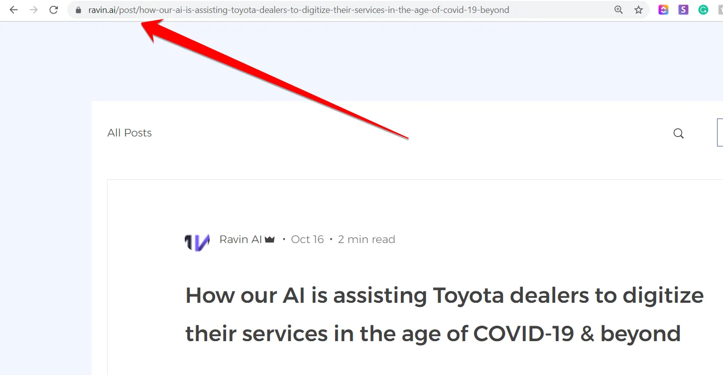 Browser address bar with a red arrow pointing to a Wix blog URL that carries a forced post prefix in the path