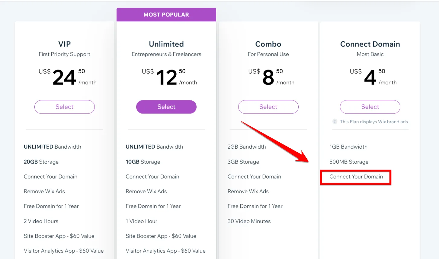 Wix plan comparison with a red arrow pointing to Connect Your Domain on the most basic plan, which displays Wix brand ads