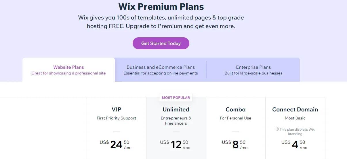 Wix Premium Plans page comparing VIP, Unlimited, Combo and Connect Domain website plans from 4.50 to 24.50 dollars a month