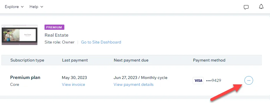 Wix premium subscription row for a site showing last payment, next payment due and card, with a red arrow pointing to the actions menu