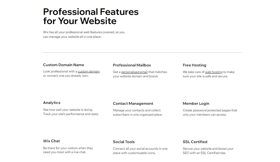 Wix professional features listing custom domain name, professional mailbox, free hosting, analytics, member login and SSL certification