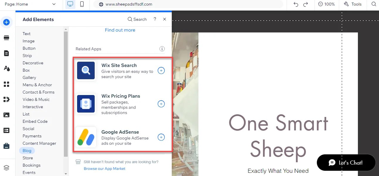 Wix Add Elements panel with Wix Site Search, Wix Pricing Plans and Google AdSense related apps outlined in red