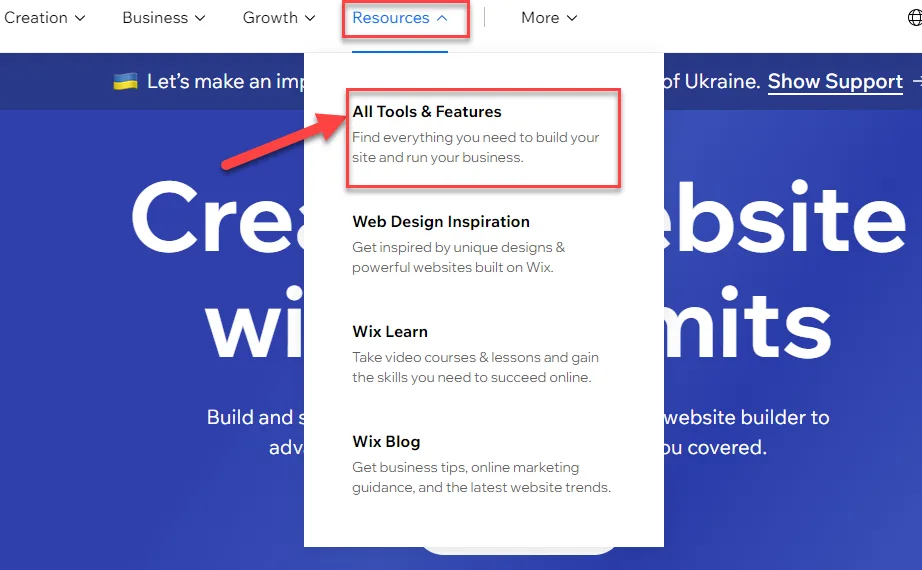 Wix Resources menu with a red arrow pointing to All Tools and Features, above Web Design Inspiration, Wix Learn and Wix Blog