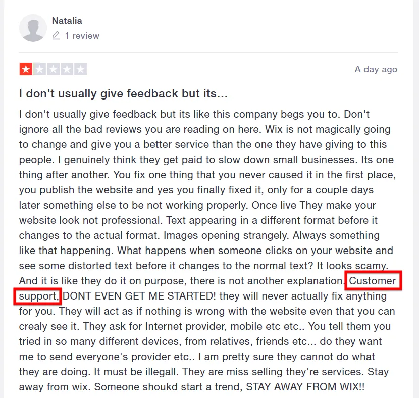 One star Trustpilot review describing recurring site faults after publishing, with the words customer support outlined in red