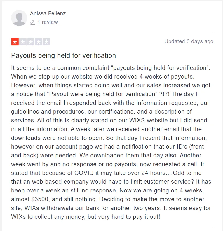 One star Trustpilot review headed Payouts being held for verification, describing four weeks of withheld payouts and no response