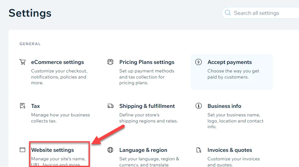 Wix Settings page with a red arrow pointing to the Website settings tile, outlined in red
