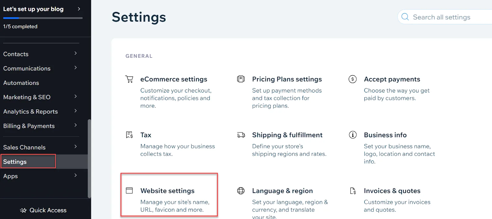 Wix dashboard Settings page with Settings and Website settings outlined in red among the general settings tiles