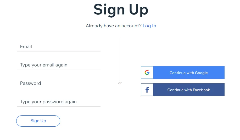 Wix Sign Up form with email and password fields beside Continue with Google and Continue with Facebook buttons