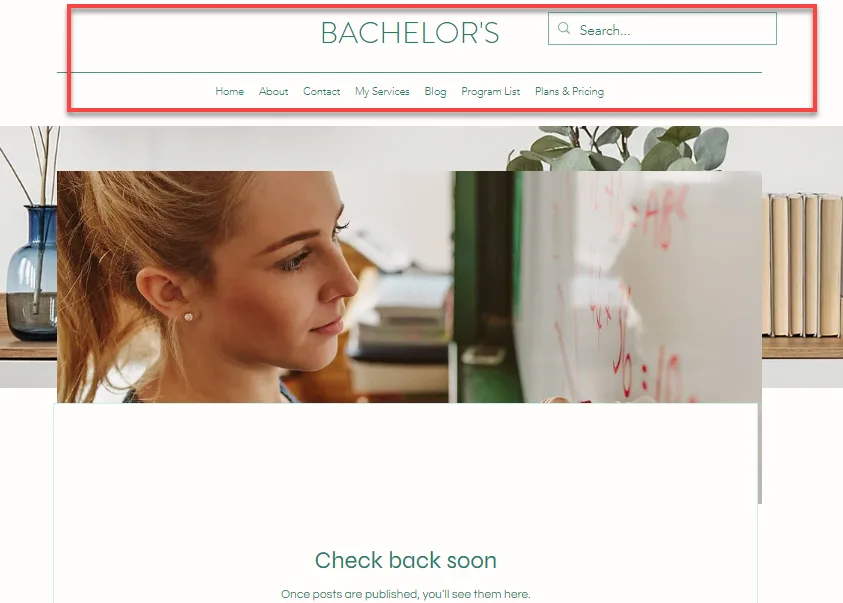 Wix site with the header area outlined in red, showing a title, search box and a single row of navigation links