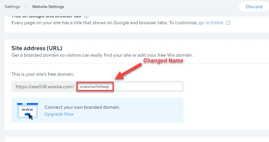 Wix Site address field with a new slug typed in, captioned Changed Name with a red arrow pointing to it
