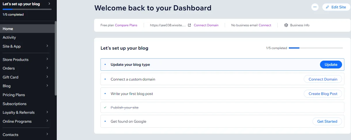 Wix site dashboard home with the blog setup checklist and the free plan and connect domain links across the top
