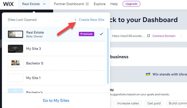 Wix sites dropdown listing recently opened sites with a red arrow pointing to Create New Site