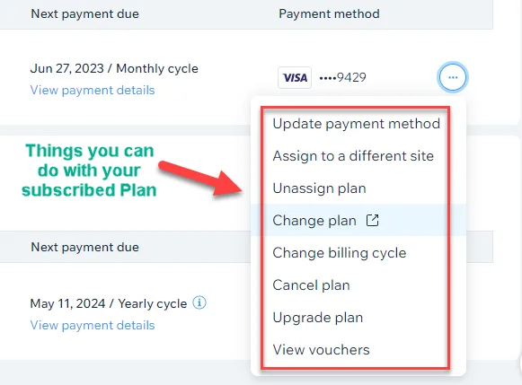 Wix subscription actions menu listing update payment method, unassign plan, change plan, cancel plan and upgrade plan, captioned things you can do with your subscribed plan
