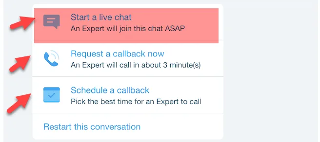 Wix support options with arrows pointing to Start a live chat, Request a callback now in about three minutes, and Schedule a callback