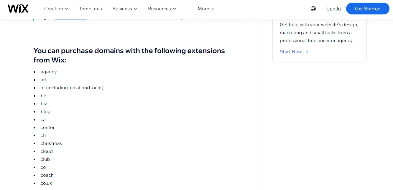 Wix support page listing purchasable domain extensions including .agency, .art, .blog, .ca, .cloud, .club and .co.uk