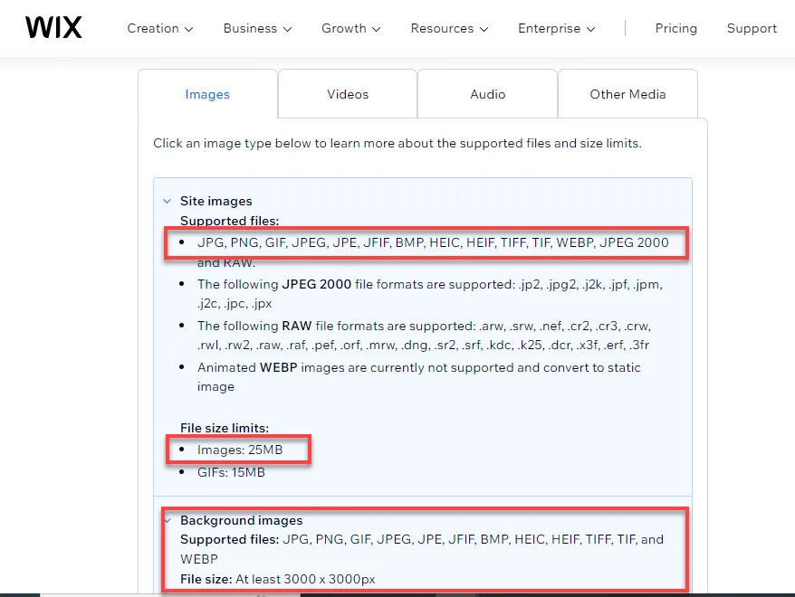 Wix support page listing supported site image formats and a 25MB image file size limit, with key lines outlined in red