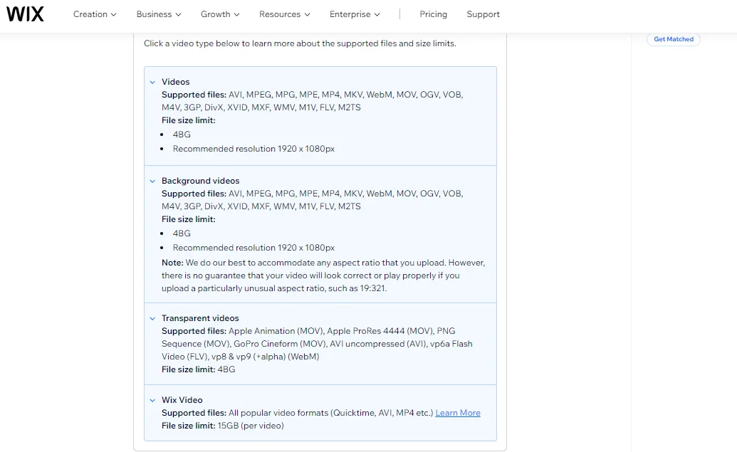 Wix support page listing supported video, background video, transparent video and Wix Video formats with file size limits