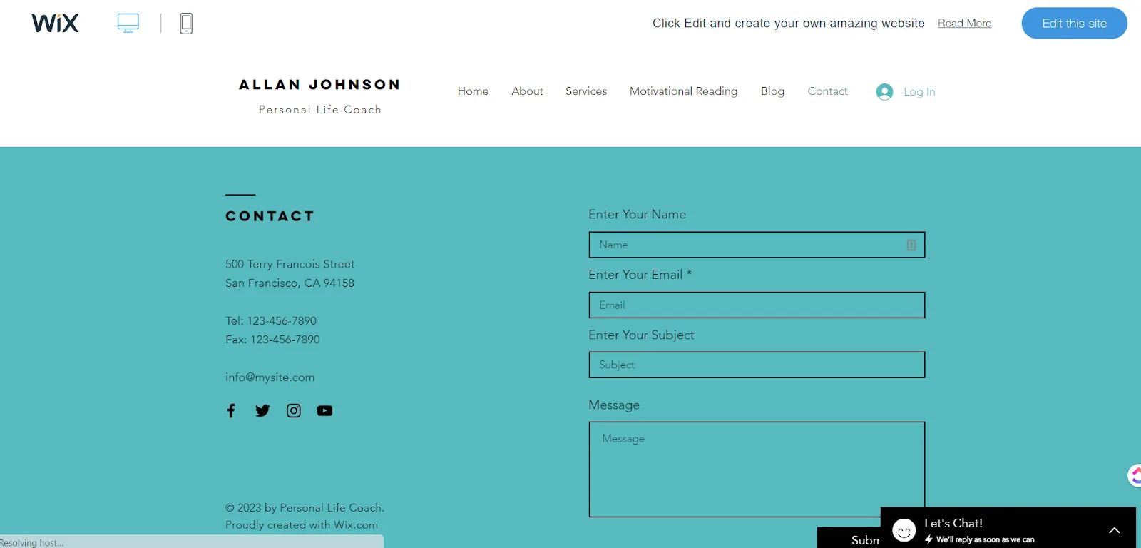 Wix life coach template contact section with placeholder address and a name, email, subject and message form