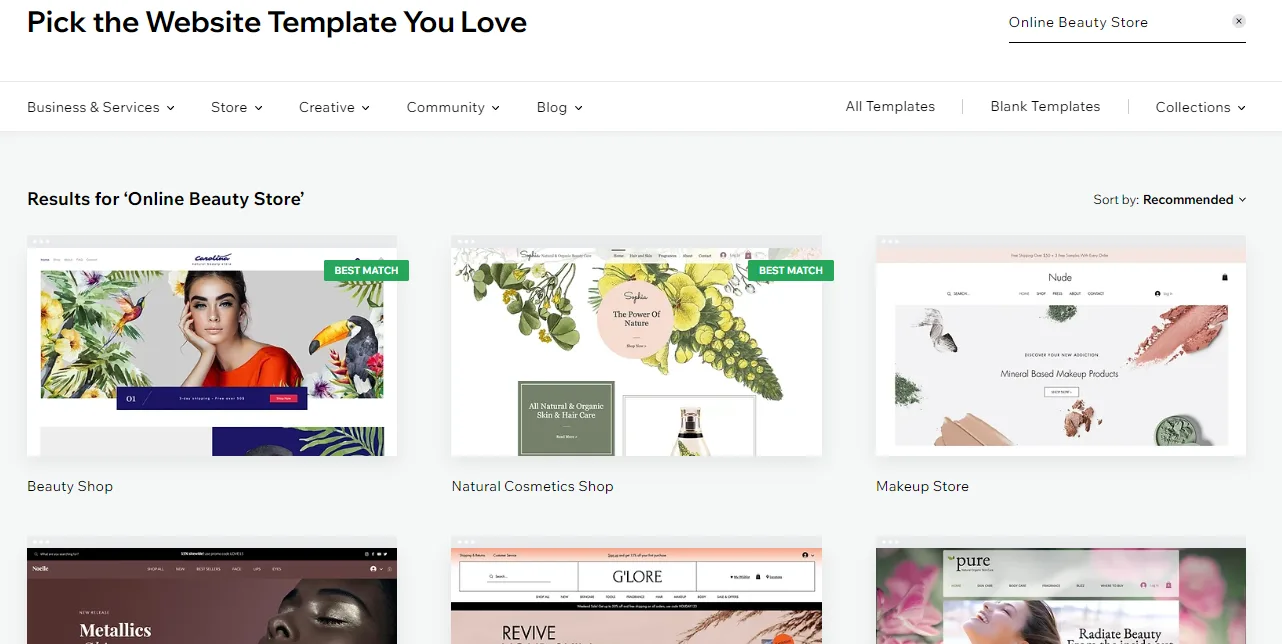 Wix template picker showing results for Online Beauty Store with template thumbnails including Beauty Shop and Makeup Store
