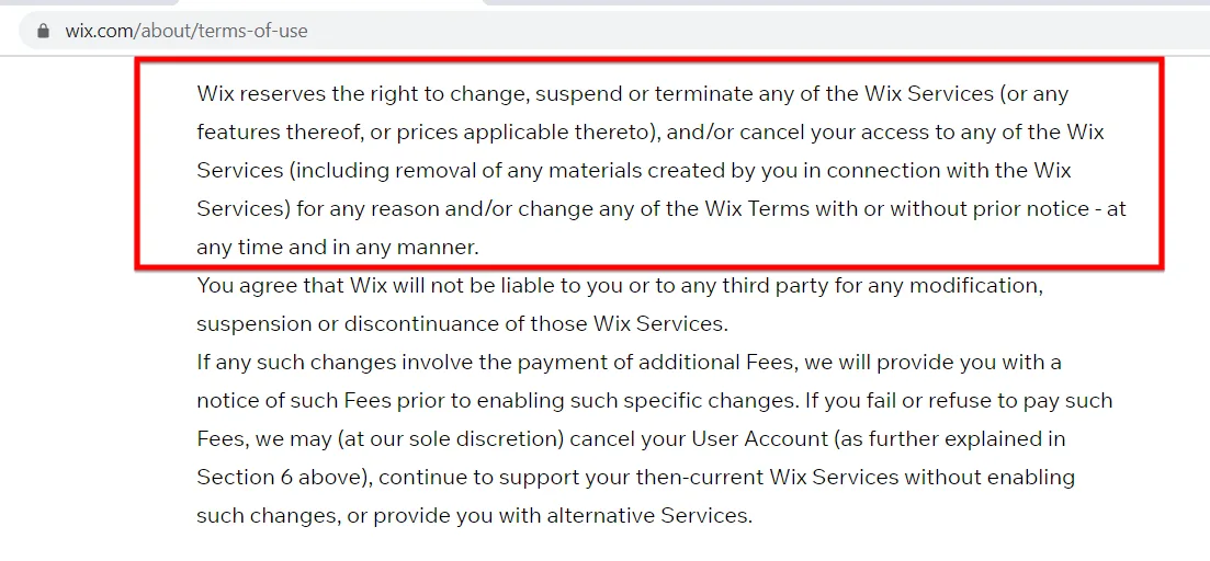 Wix terms of use with a clause outlined in red reserving the right to change, suspend or terminate services and remove user material without notice