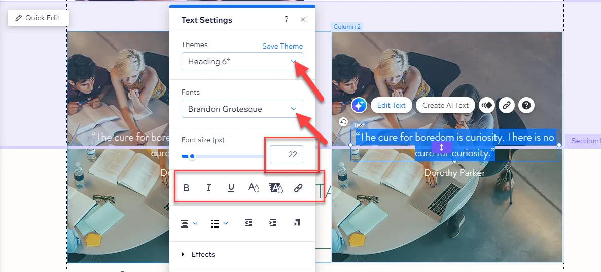 Wix Text Settings panel with arrows pointing to the theme dropdown, font picker, font size field and text formatting buttons