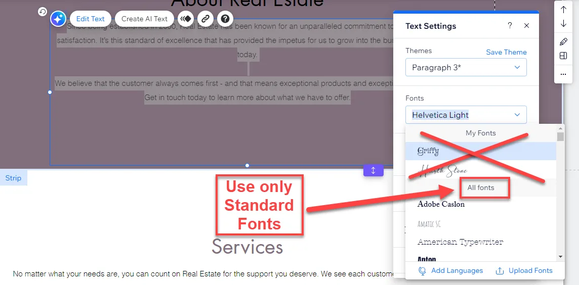 Wix Text Settings font picker with the custom fonts list crossed out and a note to use only standard fonts
