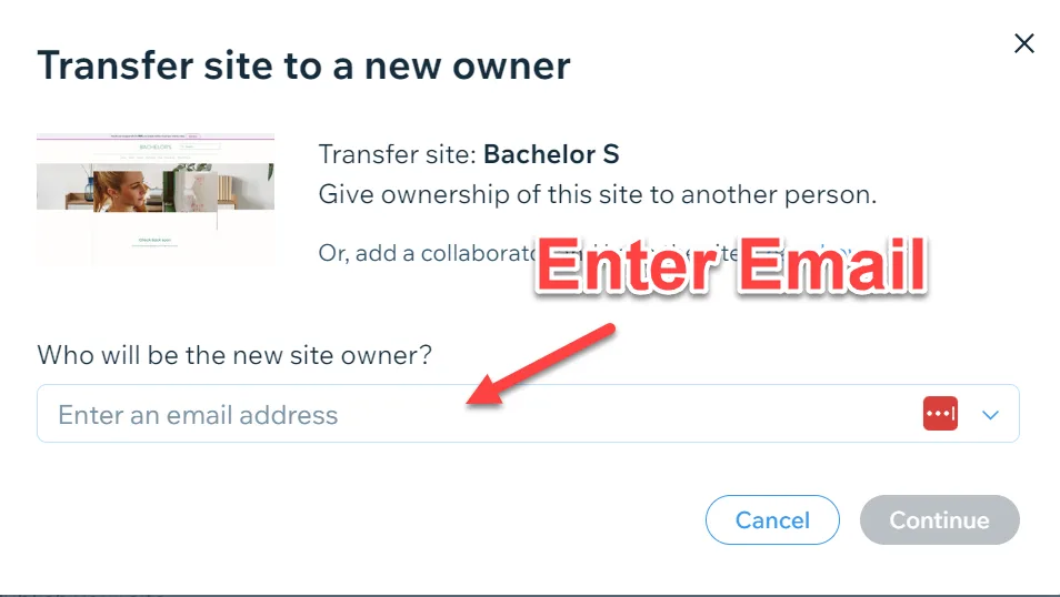 Wix Transfer site to a new owner dialog with a red arrow pointing to the email address field, captioned Enter Email