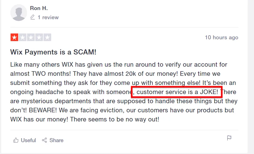 One star Trustpilot review titled Wix Payments is a SCAM, complaining of a two month verification delay and unreachable customer service