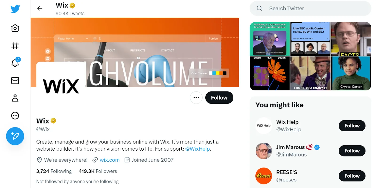 Verified Wix profile on Twitter showing 419.3 thousand followers and a bio directing support enquiries to the WixHelp account